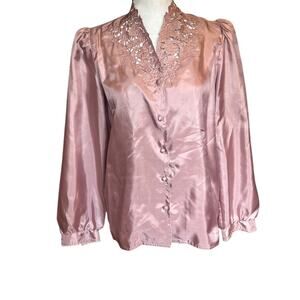 VTG 80s Pink Blouse Shirt leaves lace M collar Satin Look Cottagecore Poof Slv
